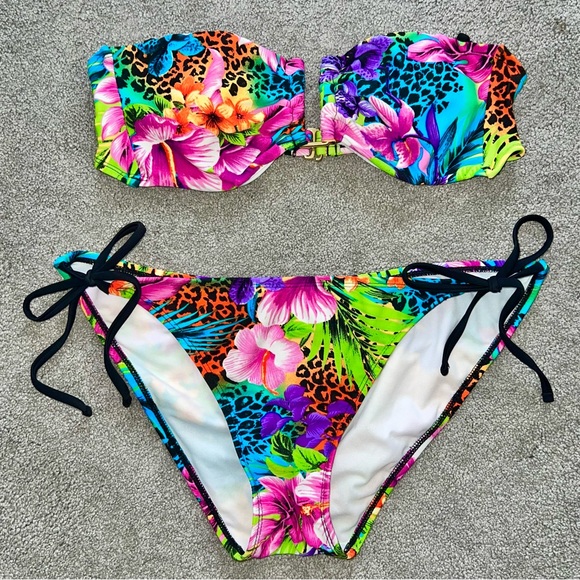 L VTG Wet Seal Rainbow Neon Tropical Floral Animal Print Bandeau Bikini Swimsuit - Picture 2 of 8